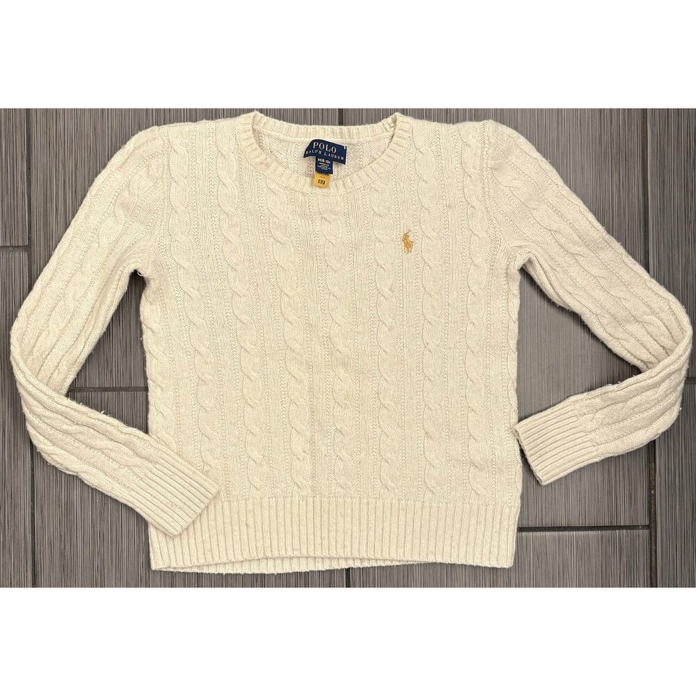 Polo Ralph Lauren Ivory Cable Knit Sweater Silver Thread Girls Medium 8/10